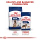 Royal Canin dog food packaging featuring a bag of dry kibbles and a pouch of chunks in gravy, labeled "Healthy and Balanced Combination."