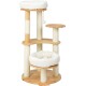 Cat tree with three levels, featuring soft white cushions, scratching posts wrapped in sisal, and a hanging toy.