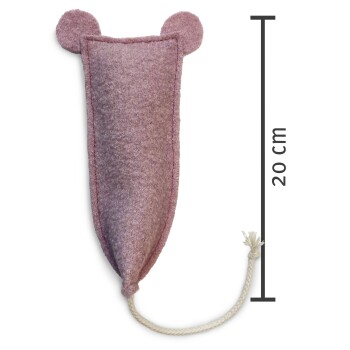 Rosa Filzhaustierspielzeug in Form einer Maus, mit runden Ohren und einem Seilschwanz, 20 cm lang.