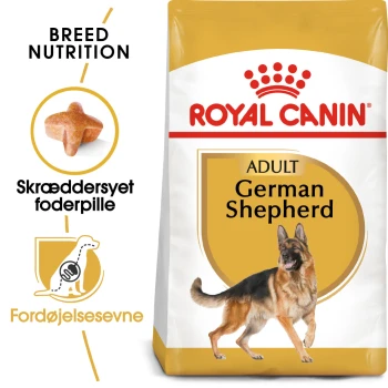 Royal Canin Adult Deutscher Schäferhund Hundefutterbeutel mit einem Bild eines Deutschen Schäferhundes, mit Text, der die ernährungsphysiologischen Bedürfnisse der Rasse und maßgeschneidertes Futter hervorhebt.