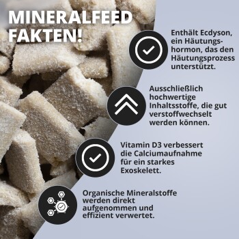 Mineralfutter-Pellets; Seitenleiste mit deutschem Text ‚MINERALFEED FAKTEN!‘, die Ecdyson, Vitamin D3 und organische Mineralien erwähnt