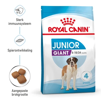Giant Junior 15 kg Royal Canin Junior Giant hondenvoer zak met een St. Bernard, met de nadruk op immuunondersteuning, spiergroei en op maat gemaakte brokjesgrootte.