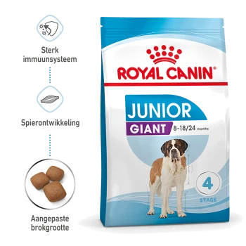 Royal Canin Junior Giant hondenvoer zak met een St. Bernard, met de nadruk op immuunondersteuning, spiergroei en op maat gemaakte brokjesgrootte.