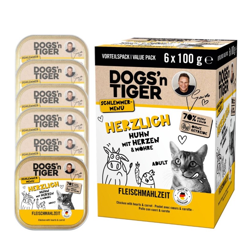 Dogs'n Tiger Adult Nassfutter Katze, Herzlich, Huhn, Rinderherzen & Karotte