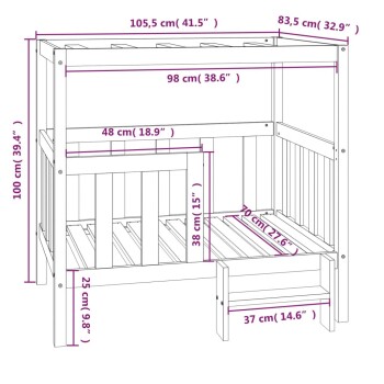 Illustration eines Haustierbettes mit in Zentimetern und Zoll beschrifteten Abmessungen, mit einem erhöhten Design und einer unteren Schublade zur Aufbewahrung.