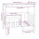 Illustration eines Haustierbettes mit in Zentimetern und Zoll beschrifteten Abmessungen, mit einem erhöhten Design und einer unteren Schublade zur Aufbewahrung.