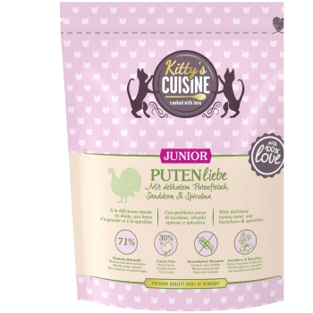 Kitty's Cuisine Junior Katzenfutter mit Truthahn, Sanddorn und Spirulina, getreidefrei, 71 % tierische Zutaten, hergestellt in Deutschland.