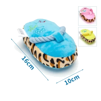 Blaues Plüsch-Haustierschuhspielzeug mit Leopardenmuster an den Seiten, Seildetail und gestickten Pfotenabdrücken, 16 cm mal 10 cm.