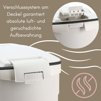 Weißer Futtermittelbehälter für Haustiere mit verriegelbarem Deckel und Gummidichtung, Nahaufnahme des Verschlusses; deutscher Text: garantiert luft- und geruchsdichte Aufbewahrung.