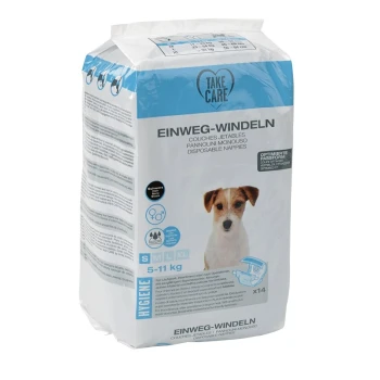 CARE Einweg-Windeln S Packung mit Einweg-Hundewindeln, die einen kleinen Hund auf der Vorderseite zeigt, beschriftet mit "Take Care" und "Einweg-Windeln", geeignet für Hunde von 5-11 kg.