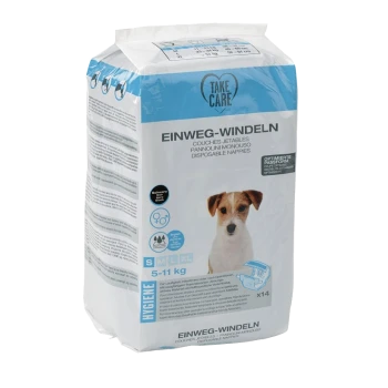 Packung mit Einweg-Hundewindeln, die einen kleinen Hund auf der Vorderseite zeigt, beschriftet mit "Take Care" und "Einweg-Windeln", geeignet für Hunde von 5-11 kg.
