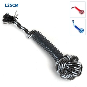 Hundekauspielzeug, 25 cm lang, mit einem stacheligen Gummizentrum und einem geknoteten Seilende, mit Farboptionen in der Ecke gezeigt.