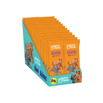 Une boîte de présentation de friandises pour chiens Edgard Cooper, contenant 24 barres au poulet emballées individuellement, avec des illustrations de chiens ludiques.