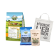 Eine Sammlung von Haustierprodukten: Bellfor Hundefutter, blaue Zahnsticks, Shiimun Hautergänzungsmittel und eine "HUNDE LIEBEBER" Tragetasche.