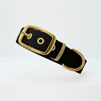 Eine Person in einem dunklen Mantel und hohen schwarzen Stiefeln steht auf einer Kopfsteinpflasterstraße und hält eine Leine, die an einem sitzenden braunen Hund befestigt ist.