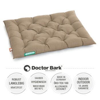 Braunes Haustierbett mit gepolstertem Design, mit einem Etikett, das 'Doctor Bark' liest.