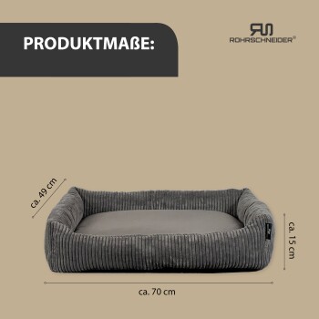 Graues Haustierbett mit erhöhten Rändern, Abmessungen ca. 70 cm x 49 cm x 15 cm, mit der Aufschrift "PRODUKTMÄßE" oben.