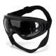 Schwarze Hundebrille mit getönter, reflektierender Linse, verstellbarem schwarzem Elastikband; „STUCH“ auf der Linse sichtbar.