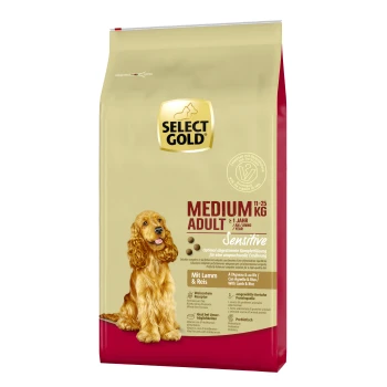 Select Gold Medium Adult Hundefutterbeutel, 11-25 kg, beschriftet mit 'Sensitive' mit Lamm- und Reis-Zutaten, mit einer Hundillustration.