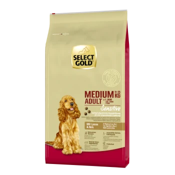 Select Gold Medium Adult dog food bag, 11-25 kg, labeled "Sensitive" with lamb and rice ingredients, featuring a dog illustration.