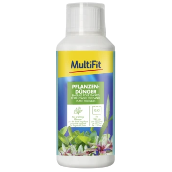 MultiFit Pflanzen-Düngemittelflasche mit bunten Blättern, gekennzeichnet für 1250 Liter und für prächtige Pflanzen.
