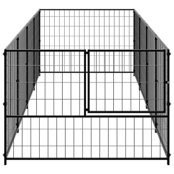 Schwarzer Metallspielplatz für Haustiere mit einem Doppeltür-Eingang, mit einem Gitterdesign für Sichtbarkeit und Belüftung.