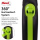 Flexi 360° Leinen-System mit einem grünen Riemen und einem schwarzen Griff, mit Text über seine Funktionalität und sein Design.