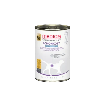 Canned dog food labeled "Medica Veterinary Diet Schonkost," featuring a low-fat formula for gastrointestinal health, with a silhouette of a dog.