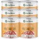 Sechs Dosen AniForte Pure Nature Land Chicken Haustierfutter, mit einem Etikett, das "60% Huhn," "mono-Protein," und "glutenfrei" Ansprüche zeigt.