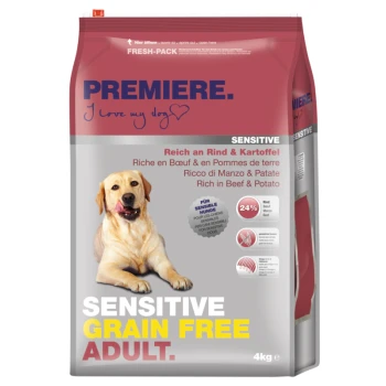 Sac de nourriture pour chiens "Premiere" étiqueté "SENSITIVE GRAIN FREE ADULT", présentant un Labrador heureux et des ingrédients de boeuf et de pomme de terre.