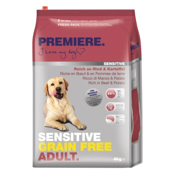 Tüte "Premiere" Hundefutter mit der Aufschrift "SENSITIVE GRAIN FREE ADULT", mit einem glücklichen Labrador und Zutaten aus Rindfleisch und Kartoffeln.
