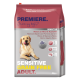 Tüte "Premiere" Hundefutter mit der Aufschrift "SENSITIVE GRAIN FREE ADULT", mit einem glücklichen Labrador und Zutaten aus Rindfleisch und Kartoffeln.