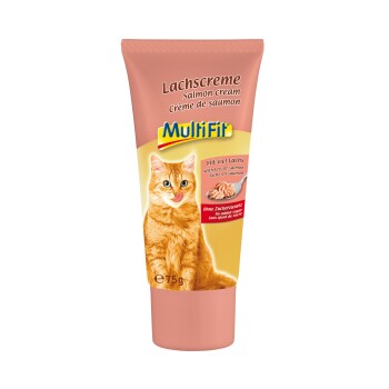 Tube of MultiFit Salmon Cream for cats, with a playful orange cat licking its lips and text: "with lots of salmon" and "no added sugar."
