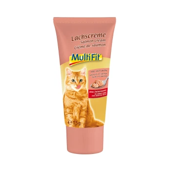 Tube of MultiFit Salmon Cream for cats, with a playful orange cat licking its lips and text: "with lots of salmon" and "no added sugar."