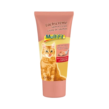 Tube of MultiFit Salmon Cream for cats, with a playful orange cat licking its lips and text: "with lots of salmon" and "no added sugar."