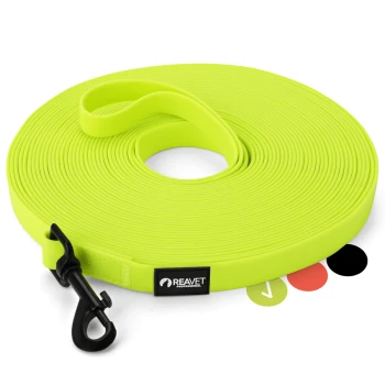Helle grüne Haustierleine, ordentlich aufgerollt, mit einem schwarzen Clip und einem Etikett mit der Aufschrift "REAVET Professional."