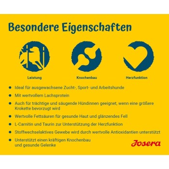 Haustierfutteranzeige auf Deutsch, die Vorteile hervorhebt: 'Leistung', 'Knochenbau', 'Herzfunktion', mit der Marke Josera und wichtigen Merkmalen.