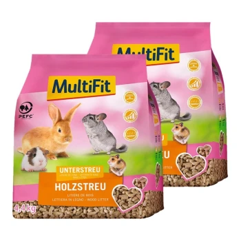 Litière bois naturelle 2x4,4 kg Deux sacs de litière en bois MultiFit, 4,4 kg chacun, présentant des images d'un lapin, d'un cochon d'Inde, d'un chinchilla et d'un hamster, avec du texte en allemand et en anglais.