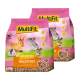 Zwei Säcke MultiFit Holzstreu, jeweils 4,4 kg, mit Bildern eines Kaninchens, Meerschweinchens, Chinchillas und Hamsters, mit Text in Deutsch und Englisch.