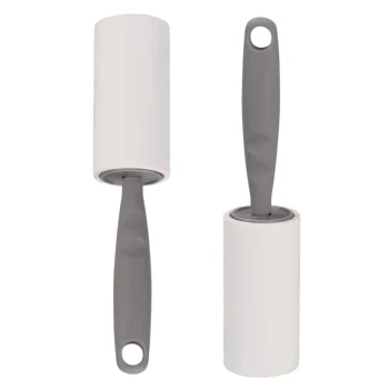 Ein Fusselroller für Haustierhaare mit einer weißen Kleberolle und einem grauen ergonomischen Griff, entworfen für eine einfache Entfernung von Haustierhaaren.