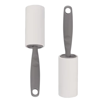 Ein Fusselroller für Haustierhaare mit einer weißen Kleberolle und einem grauen ergonomischen Griff, entworfen für eine einfache Entfernung von Haustierhaaren.