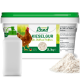 Behälter für "Kieselgur" für Geflügel und Nutztiere, mit einer Grafik einer Henne, neben einem weißen Pulver und einer Sprühflasche.