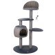 Kratzbaum für Katzen mit mehreren Ebenen, einem gemütlichen Versteck und einem baumelnden Spielzeug, mit modernem Design in Grau und gewebten Texturen.