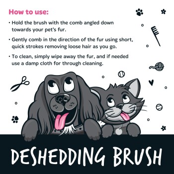 Illustration eines Hundes und einer Katze mit Anweisungen zur Verwendung einer Entfilzungsbürste zur Fellpflege von Haustieren.