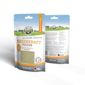 Grünes Pulverergänzungsmittel für Hunde, beschriftet mit 'Nierenkraft Pulver' von Bellfor, mit Nährstoffunterstützungsdetails auf der Rückseite.