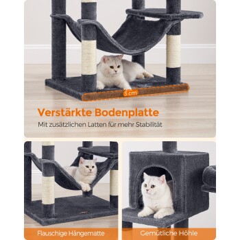Katze Baum mit mehreren Ebenen, mit gemütlichen Sitzplätzen und einer Hängematte, entworfen für Kätzchen und ältere Katzen. Text: "Spaß auf mehreren Ebenen."