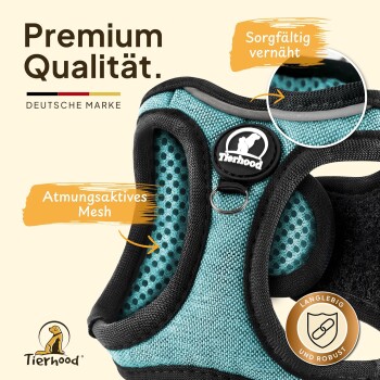 Teal-Hundegeschirr mit atmungsaktivem Mesh, beschriftet mit 'Premium Qualität', 'Atmungsaktives Mesh', 'Langlebig und Robust' und Tierhood-Logo.