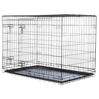 Schwarze Metall-Haustierbox mit einer abnehmbaren Kunststoffschale am Boden, ausgestattet mit doppelten Türschlössern für Sicherheit.