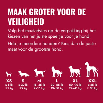 Maattabel hondenspeelgoed (Nederlands): 'MAAK GROTER VOOR DE VEILIGHEID' met hondensilhouetten gelabeld XS S M L XL XXL en gewichtsklassen.