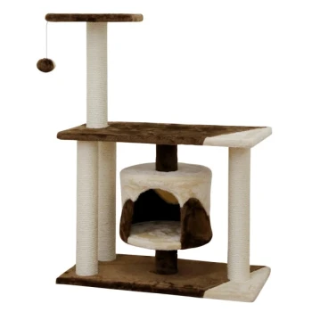 Katzenbaum mit zwei Kratzpfosten, einem gemütlichen Versteck und einer oberen Plattform, mit einem hängenden Spielzeug zum Spielen.